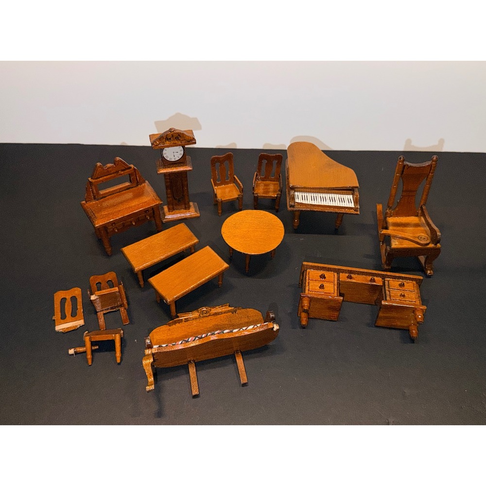 Vintage Miniature Wooden Dollhouse Furniture Set Piano Clock Desk Repair Lot